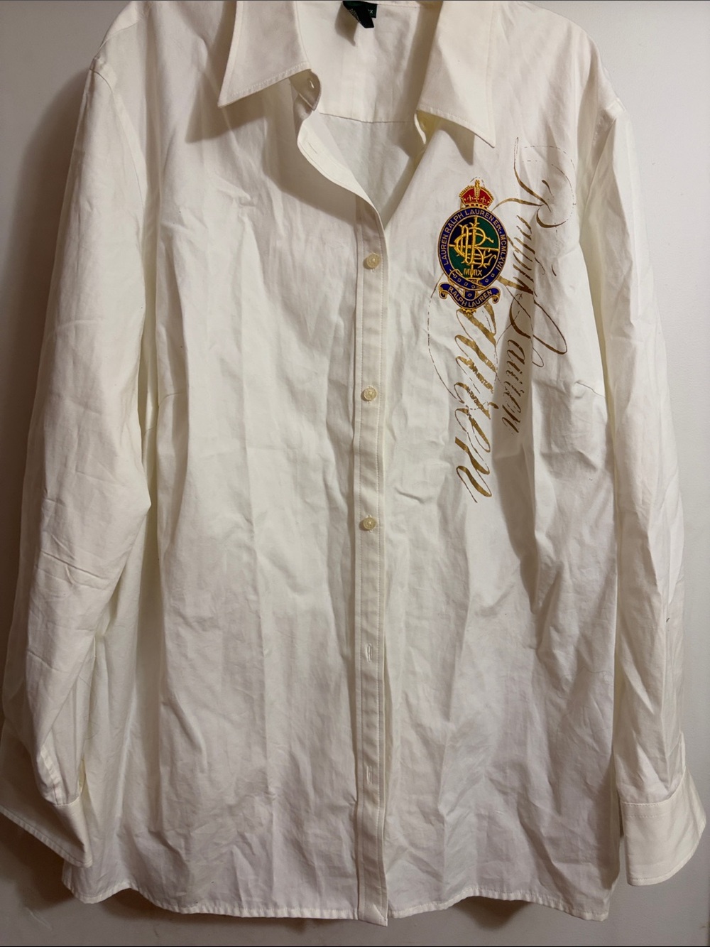 Ralph Lauren Cream Button-Down Shirt with Embroidered Crest Sz 2X Women - Picture 6 of 11